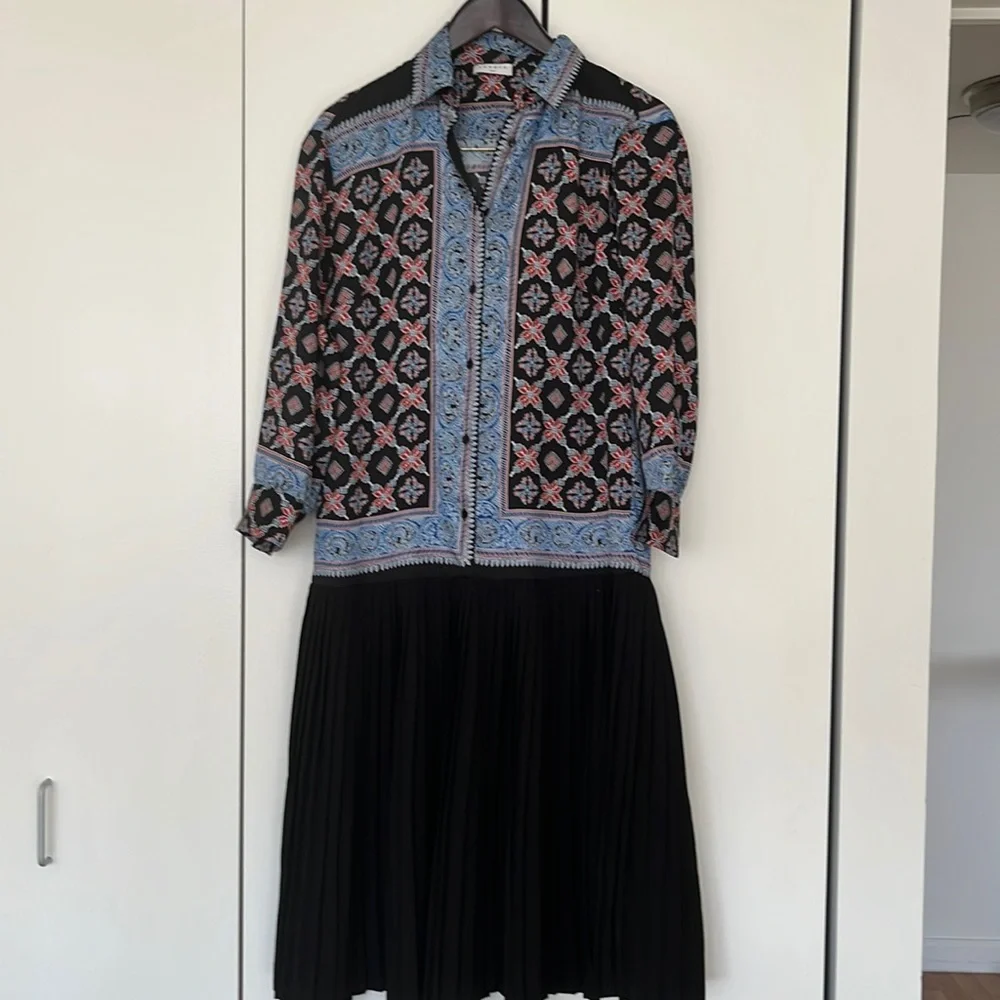 Sandro Black Pleated Skirt Dress with Blue and Pink Printed Bodice - Picture 1 of 7